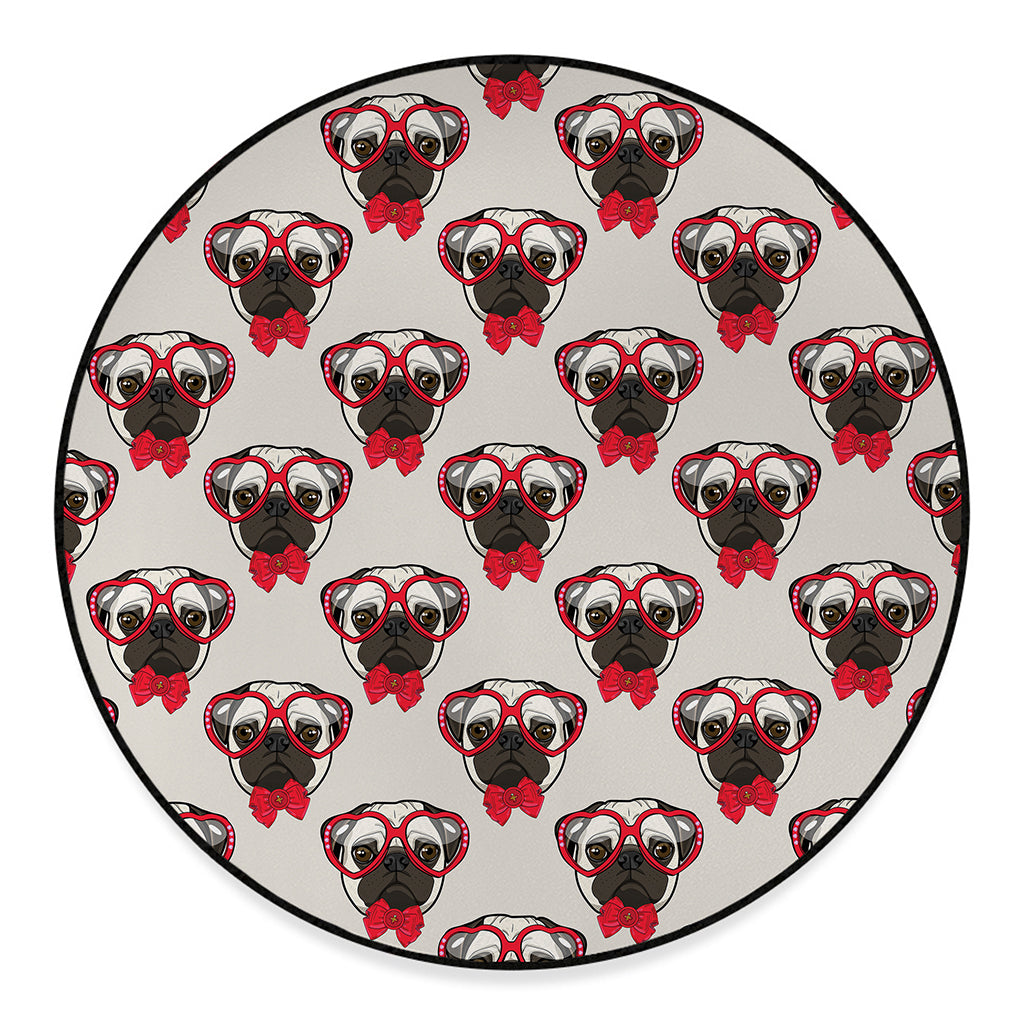 Red Glasses Pug Pattern Print Round Floor Mat