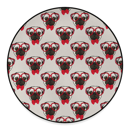 Red Glasses Pug Pattern Print Round Floor Mat