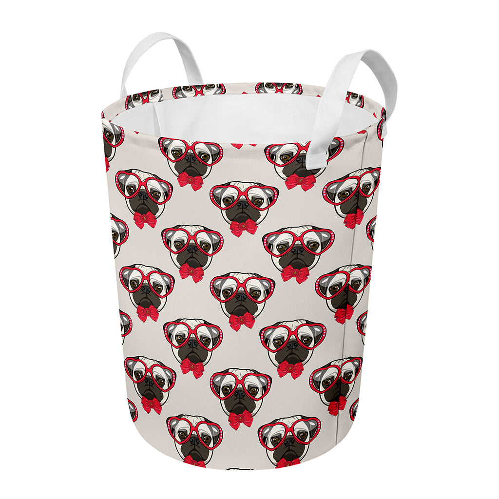 Red Glasses Pug Pattern Print Round Laundry Basket