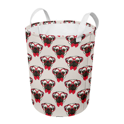 Red Glasses Pug Pattern Print Round Laundry Basket