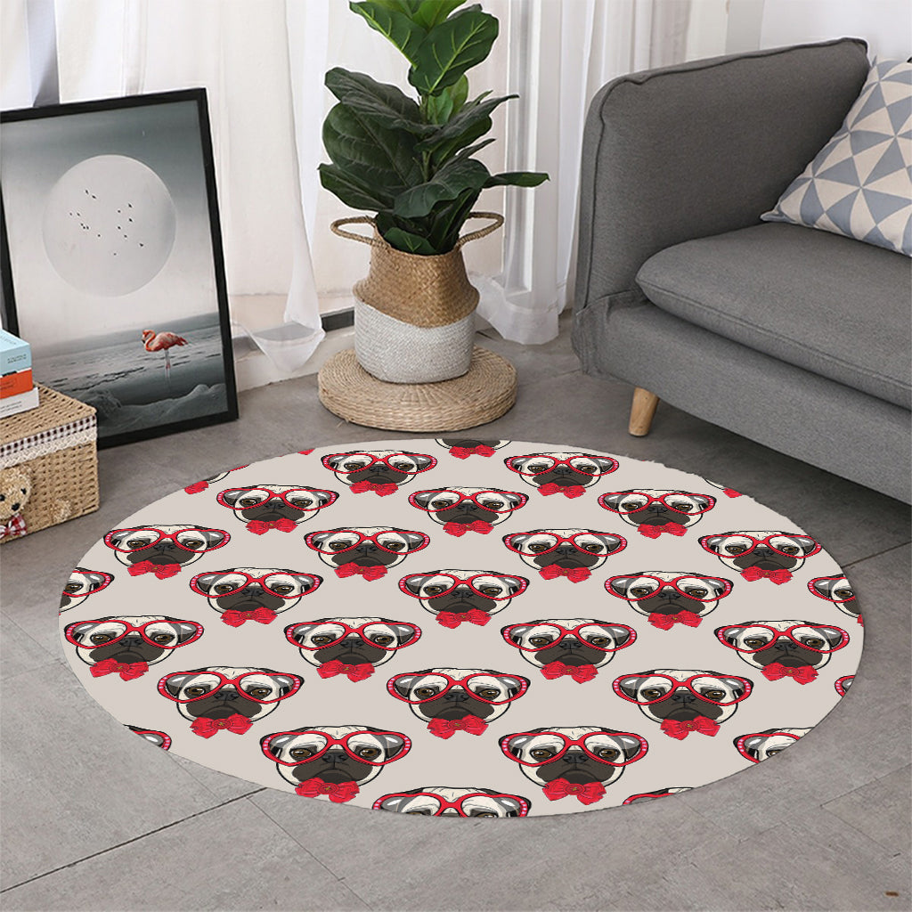Red Glasses Pug Pattern Print Round Rug