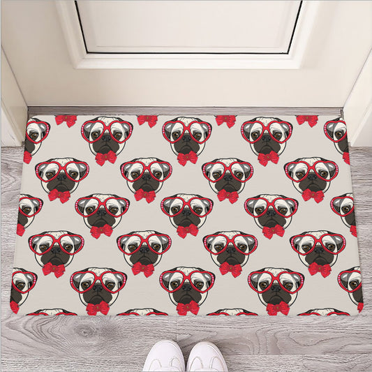 Red Glasses Pug Pattern Print Rubber Doormat