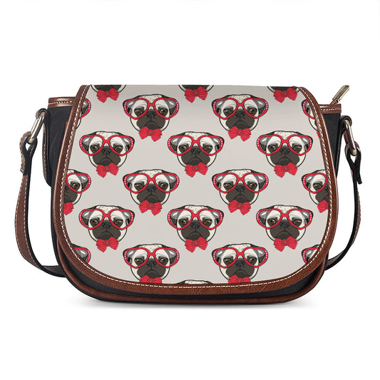 Red Glasses Pug Pattern Print Saddle Bag