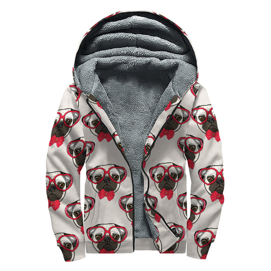 Red Glasses Pug Pattern Print Sherpa Lined Zip Up Hoodie