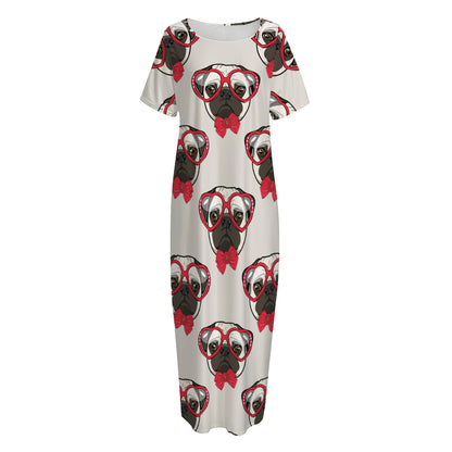 Red Glasses Pug Pattern Print Short Sleeve Long Nightdress