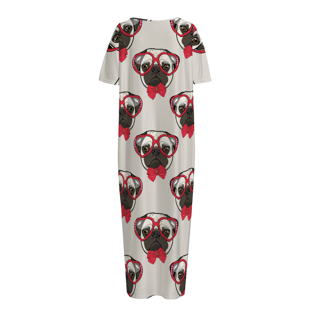Red Glasses Pug Pattern Print Short Sleeve Long Nightdress
