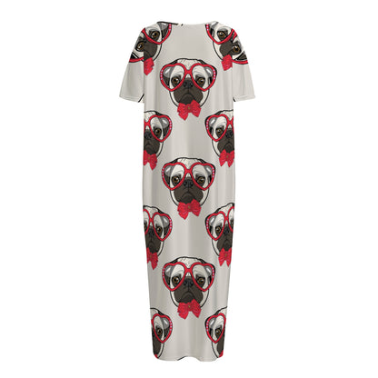 Red Glasses Pug Pattern Print Short Sleeve Long Nightdress