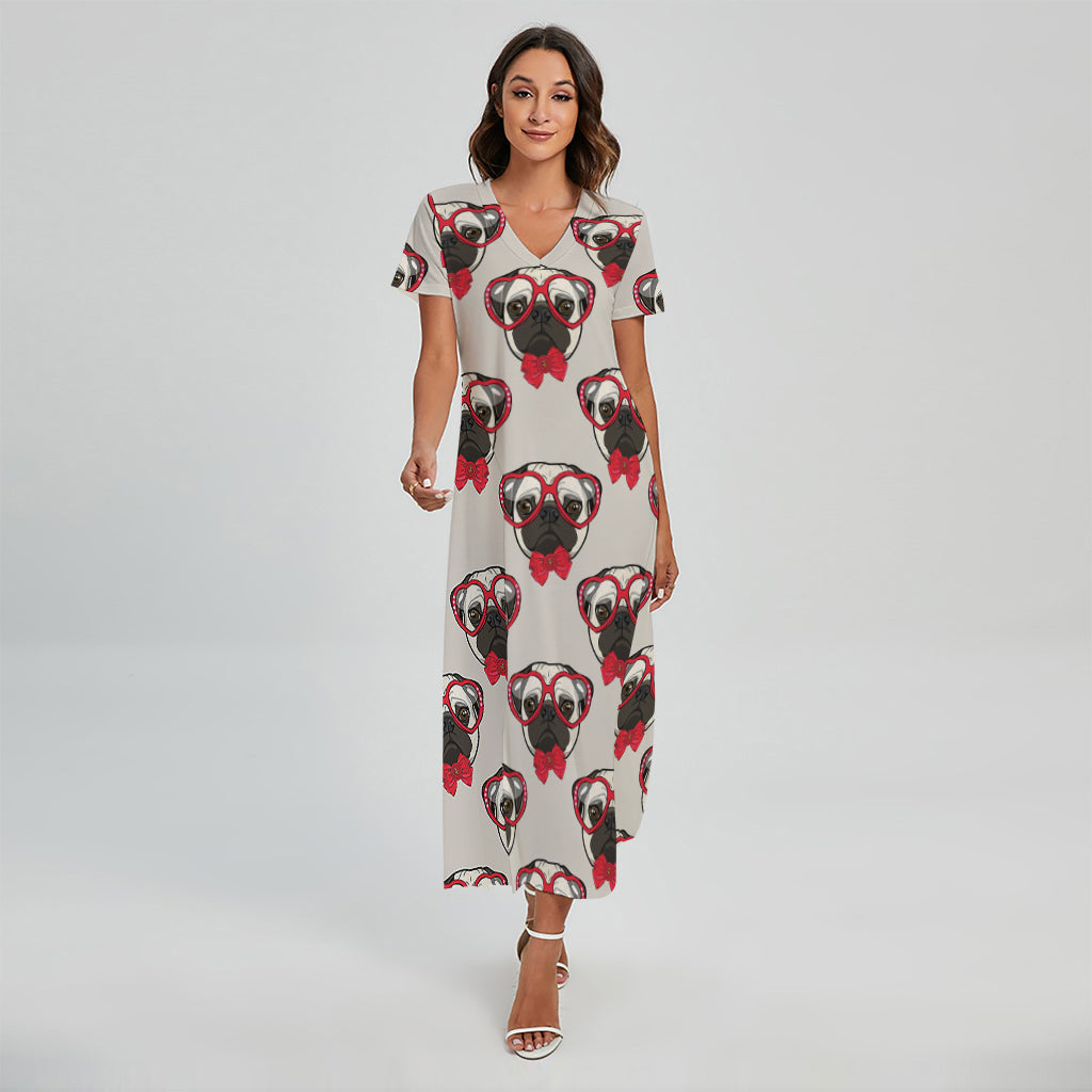 Red Glasses Pug Pattern Print Short Sleeve Maxi Dress