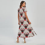 Red Glasses Pug Pattern Print Short Sleeve Maxi Dress