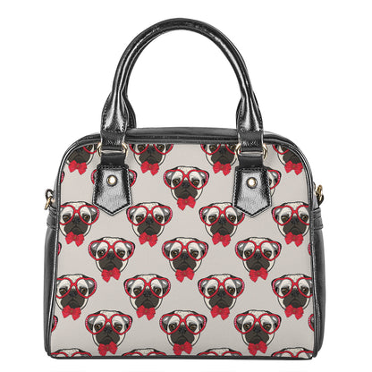 Red Glasses Pug Pattern Print Shoulder Handbag