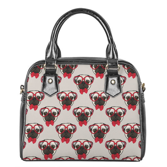 Red Glasses Pug Pattern Print Shoulder Handbag