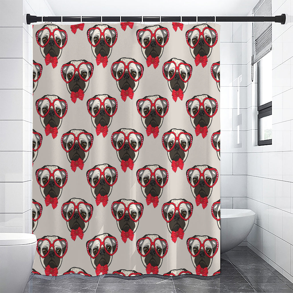 Red Glasses Pug Pattern Print Shower Curtain
