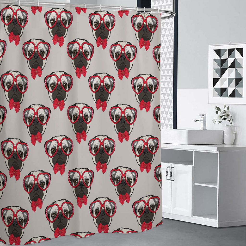 Red Glasses Pug Pattern Print Shower Curtain