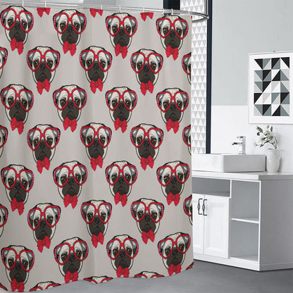 Red Glasses Pug Pattern Print Shower Curtain