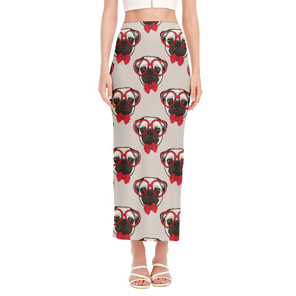 Red Glasses Pug Pattern Print Side Slit Maxi Skirt
