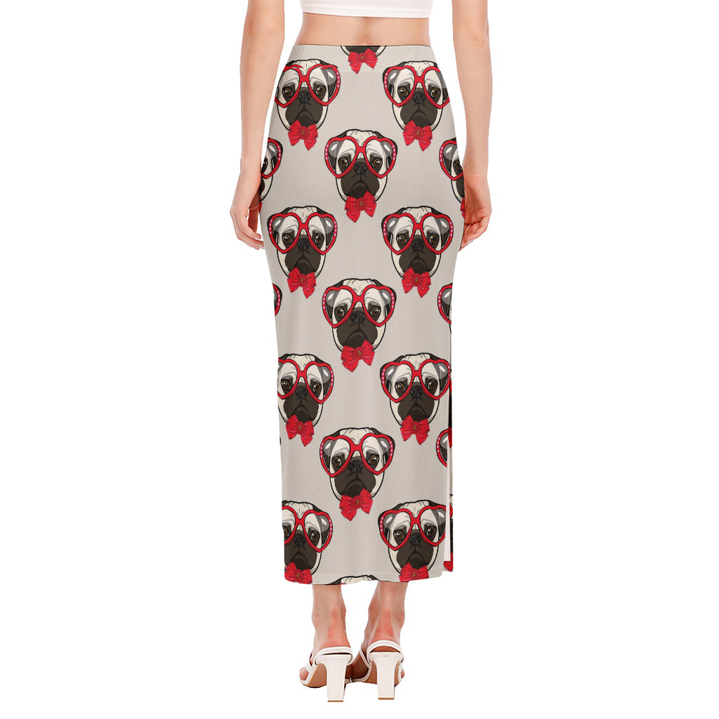 Red Glasses Pug Pattern Print Side Slit Maxi Skirt