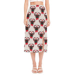 Red Glasses Pug Pattern Print Side Slit Midi Skirt