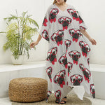 Red Glasses Pug Pattern Print Silk V-Neck Kaftan Dress