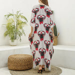 Red Glasses Pug Pattern Print Silk V-Neck Kaftan Dress