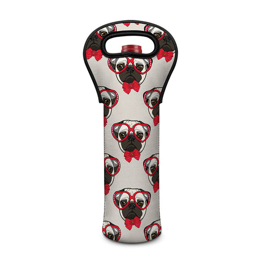 Red Glasses Pug Pattern Print Single Neoprene Wine Tote