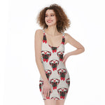 Red Glasses Pug Pattern Print Sleeveless Bodycon Dress