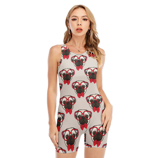 Red Glasses Pug Pattern Print Sleeveless One Piece Swimsuit