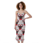 Red Glasses Pug Pattern Print Slim Fit Midi Cami Dress