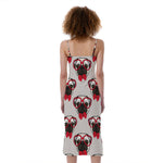 Red Glasses Pug Pattern Print Slim Fit Midi Cami Dress