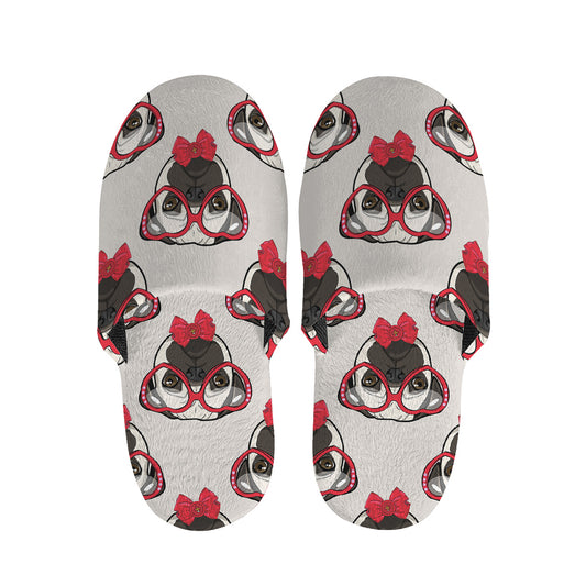 Red Glasses Pug Pattern Print Slippers