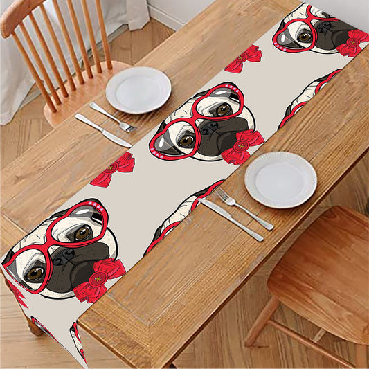 Red Glasses Pug Pattern Print Table Runner