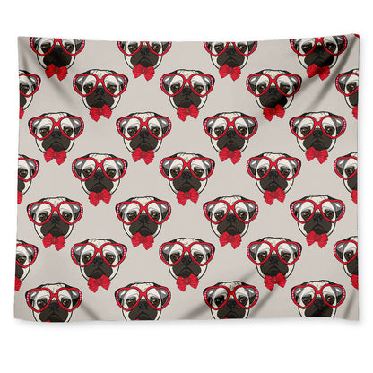 Red Glasses Pug Pattern Print Tapestry