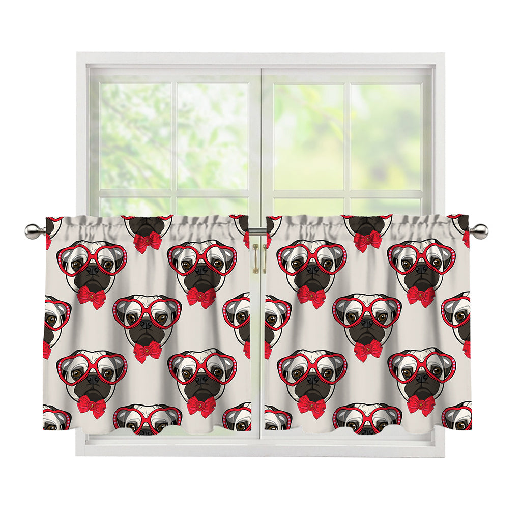 Red Glasses Pug Pattern Print Tier Curtains