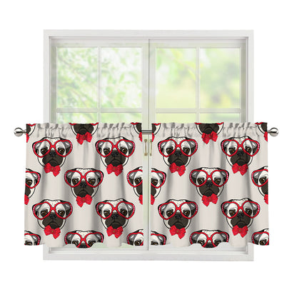 Red Glasses Pug Pattern Print Tier Curtains