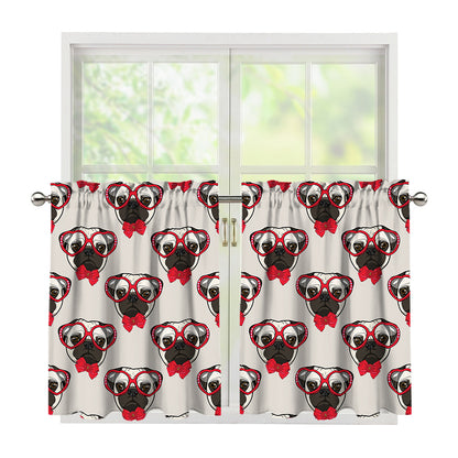 Red Glasses Pug Pattern Print Tier Curtains