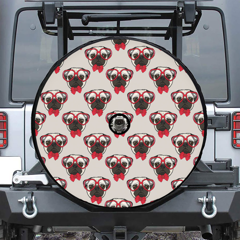 Red Glasses Pug Pattern Print Tire Cover With Camera Hole