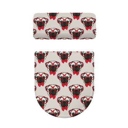 Red Glasses Pug Pattern Print Toilet Lid And Tank Cover Set