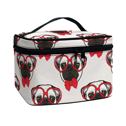 Red Glasses Pug Pattern Print Travel Makeup Bag
