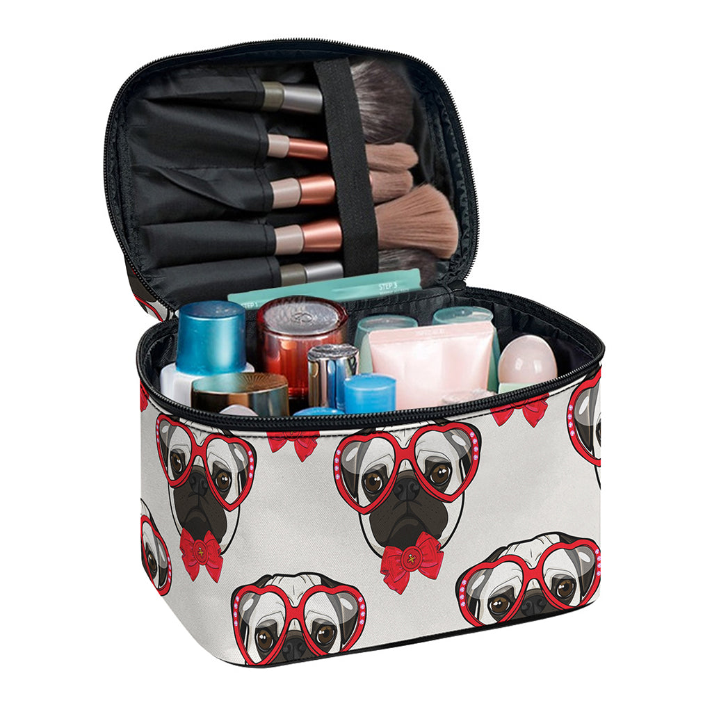 Red Glasses Pug Pattern Print Travel Makeup Bag