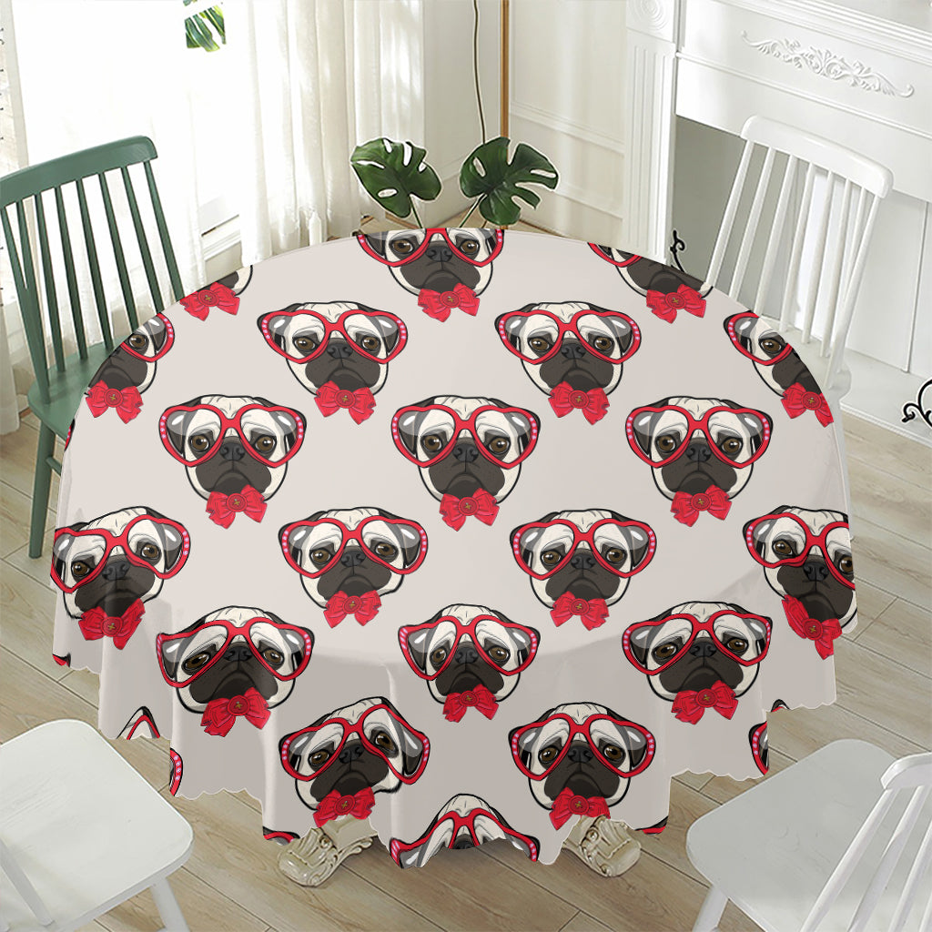 Red Glasses Pug Pattern Print Waterproof Round Tablecloth