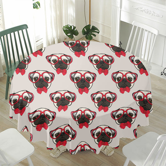 Red Glasses Pug Pattern Print Waterproof Round Tablecloth