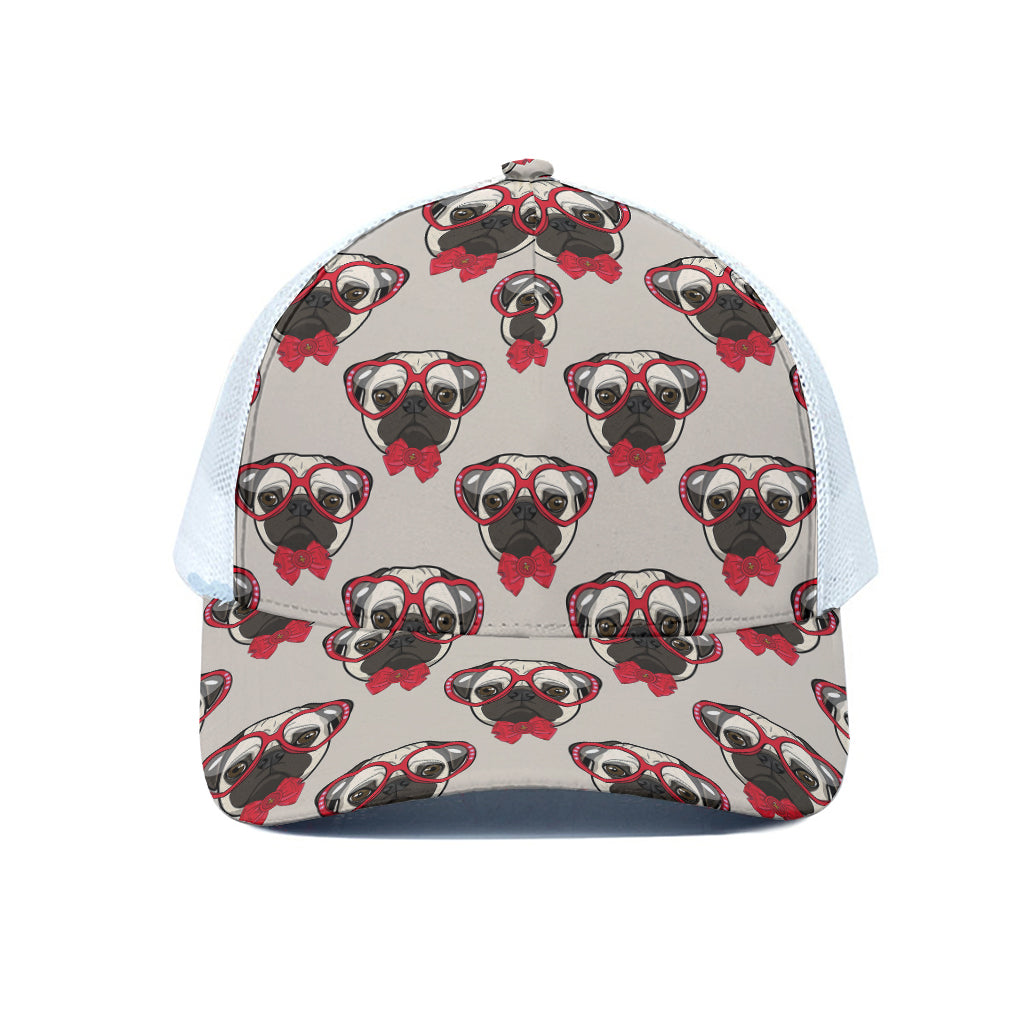 Red Glasses Pug Pattern Print White Mesh Trucker Cap