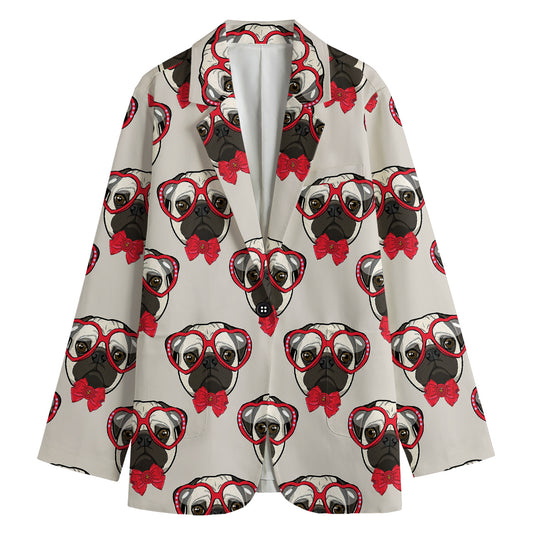 Red Glasses Pug Pattern Print Women's Cotton Blazer