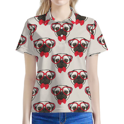 Red Glasses Pug Pattern Print Women's Polo Shirt