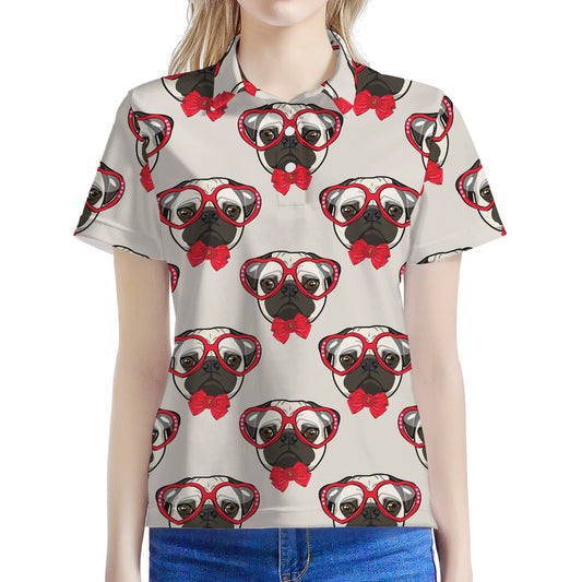 Red Glasses Pug Pattern Print Women's Polo Shirt