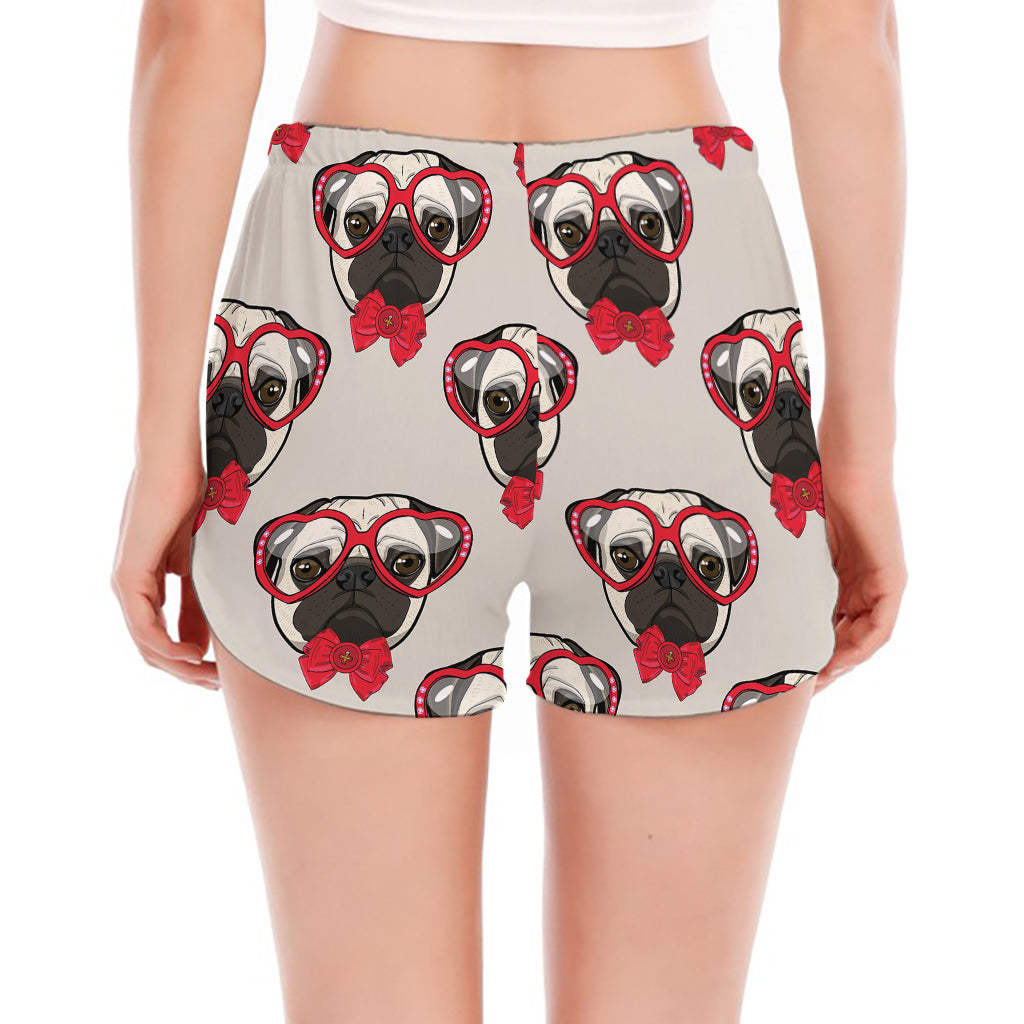 Red Glasses Pug Pattern Print Women's Split Running Shorts