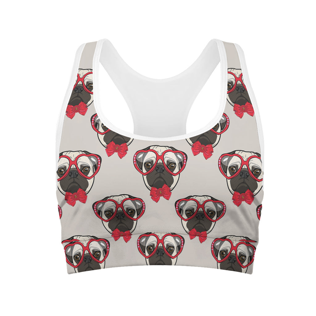 Red Glasses Pug Pattern Print Women's Sports Bra