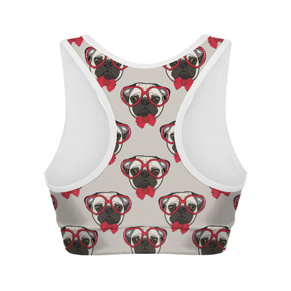 Red Glasses Pug Pattern Print Women's Sports Bra