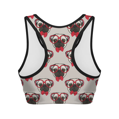 Red Glasses Pug Pattern Print Women's Sports Bra