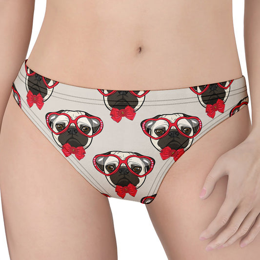 Red Glasses Pug Pattern Print Women's Thong