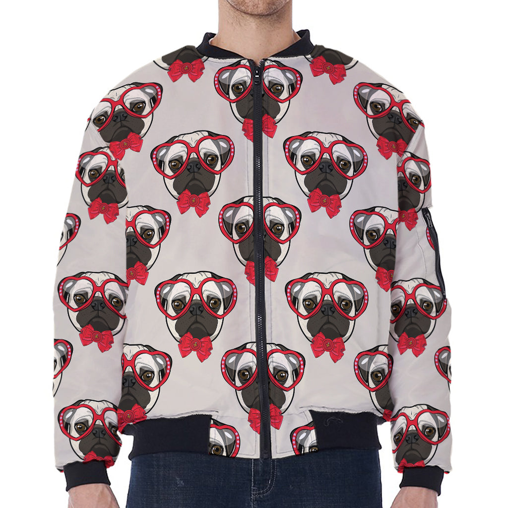 Red Glasses Pug Pattern Print Zip Sleeve Bomber Jacket